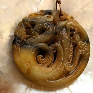 Large Dragon Sculpture Pendant on Genuine Yellow Jade